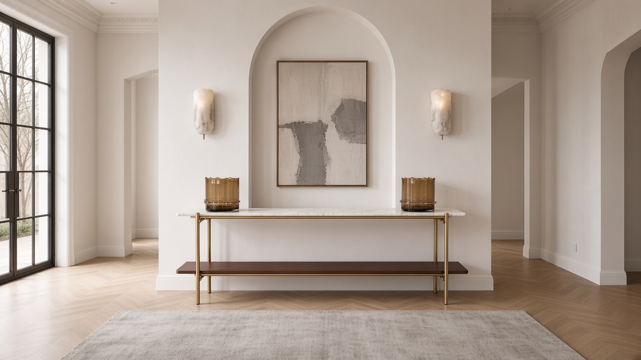 Bortega console with white marble-look top, slim brushed brass tube frame and dark walnut-look lower shelf in an arched entrance hall