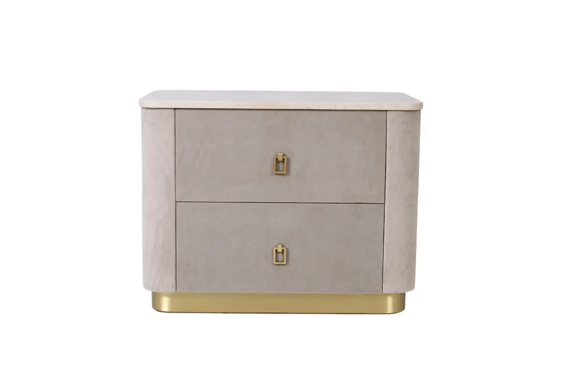 Charm bedside pedestal front view with two taupe velvet drawers, quilted rounded sides, cream stone-look top, brushed gold drop handles and gold plinth