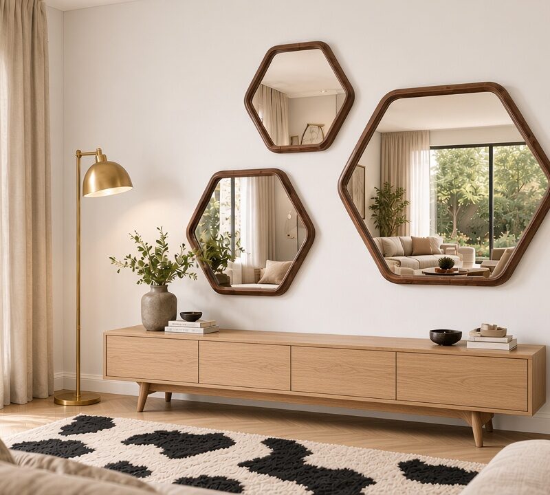 Hexagon Mirrors in three sizes with wood-finish frames hung above a sideboard in a living room