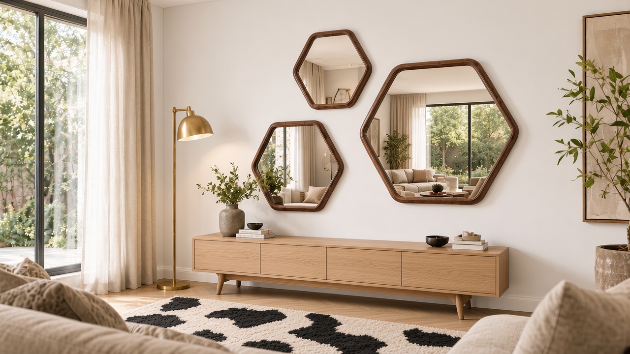 Hexagon Mirrors in three sizes with wood-finish frames hung above a sideboard in a living room