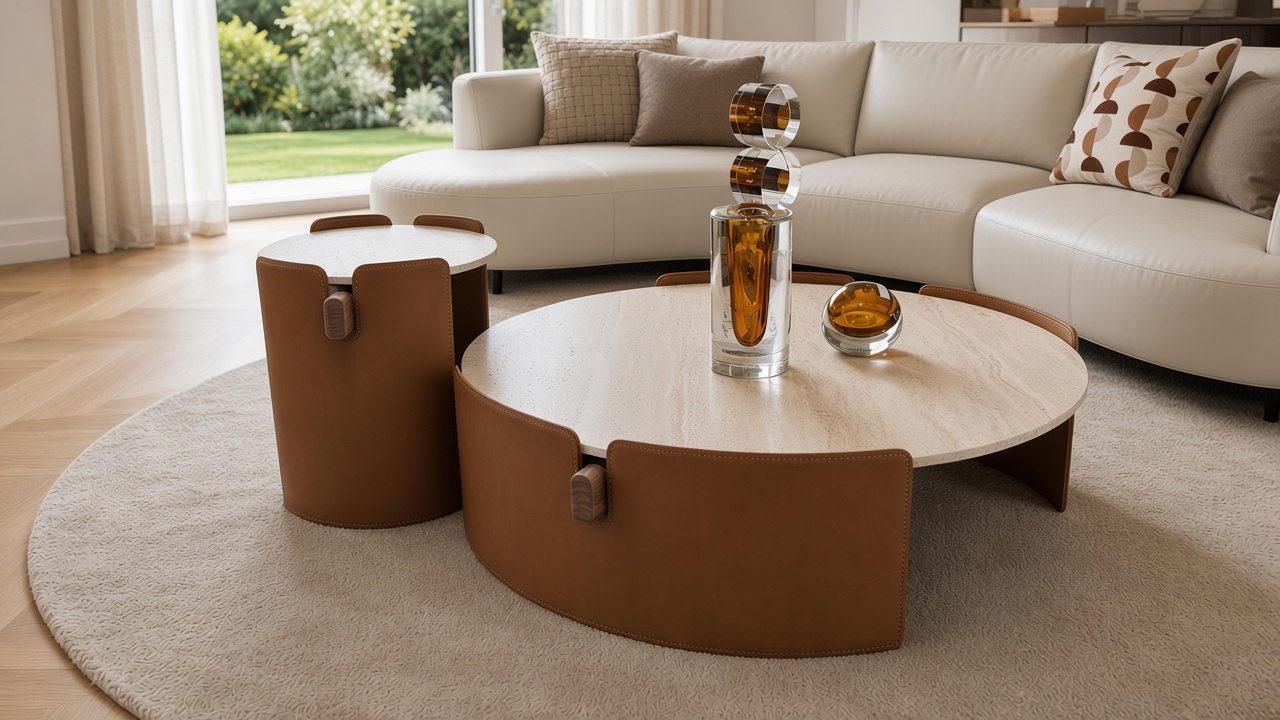 Cierre Maori coffee table set with round travertine-effect tops and tan leather-wrapped bases, styled before a curved cream sofa