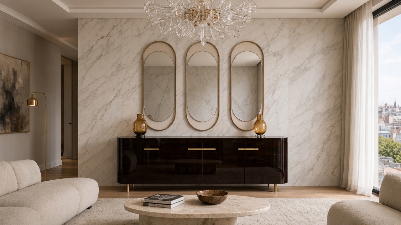 Three Pill Shape Mirrors with slim champagne-bronze outline frames and inset pill mirrors, hung above a sideboard on a marble wall