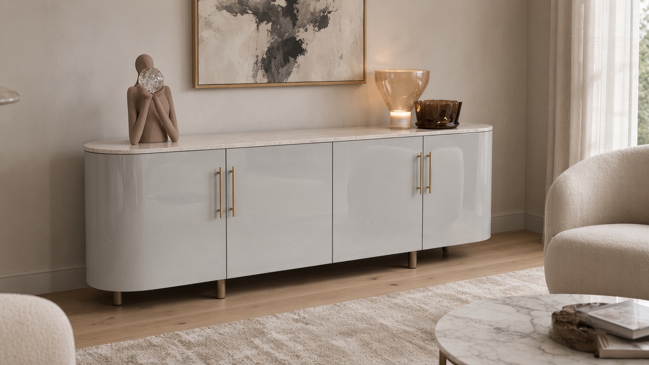Porado sideboard with four dove-grey high-gloss doors, rounded ends, cream-grey marble-look top and brass pulls in a living room