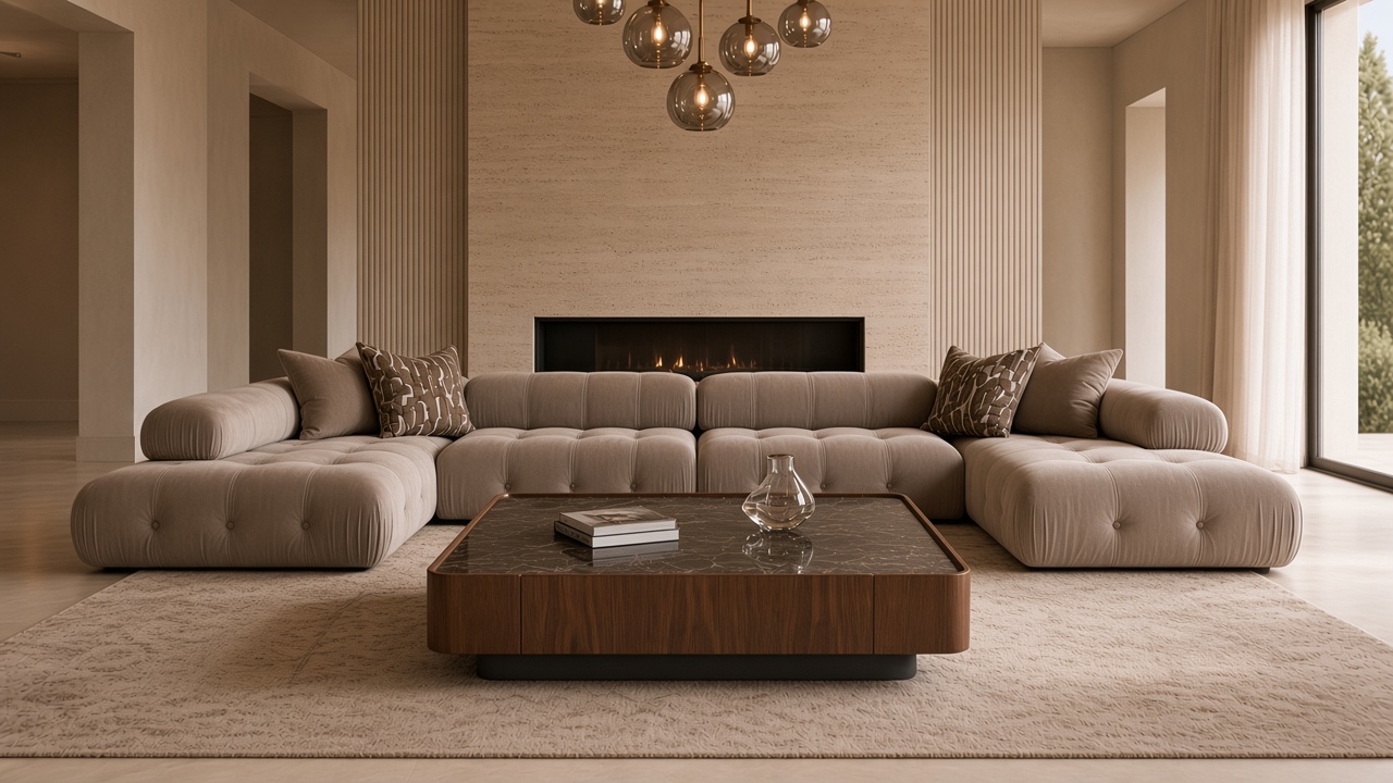 Takoma square coffee table with dark veined marble-look top and walnut wood surround, in front of a tufted modular sofa