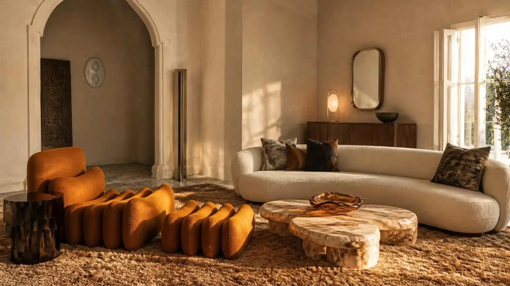 Living room with a saffron Tacchini Additional armchair, cream curved boucle sofa, sculpted marble coffee table and walnut sideboard in a warm limewash interior